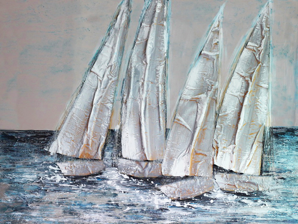 HA126 Wall décor art oil on canvas natical sailboats silver blue tones